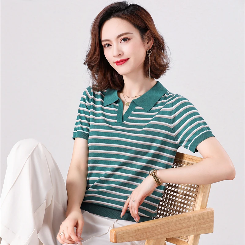 2025夏装新款条纹翻领休闲短袖宽松洋气薄款套头时尚百搭女装上衣