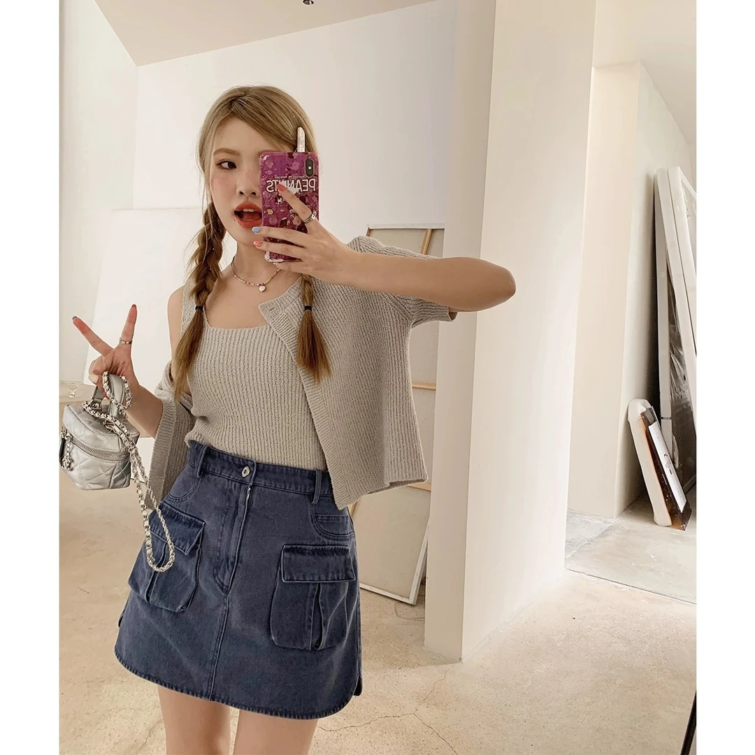 晶咕白标~蕞佳拍档~背心+一粒扣短袖开衫夏季短款宽松时尚 两件套