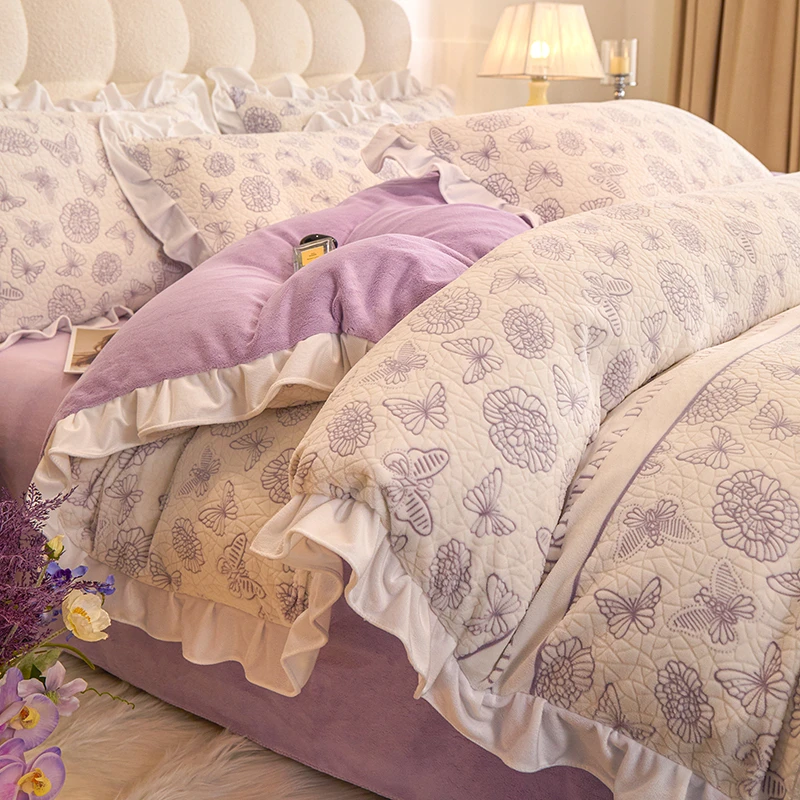 ins清新牛奶绒花边床上四件套公主风被套法兰绒珊瑚绒床单三件套4