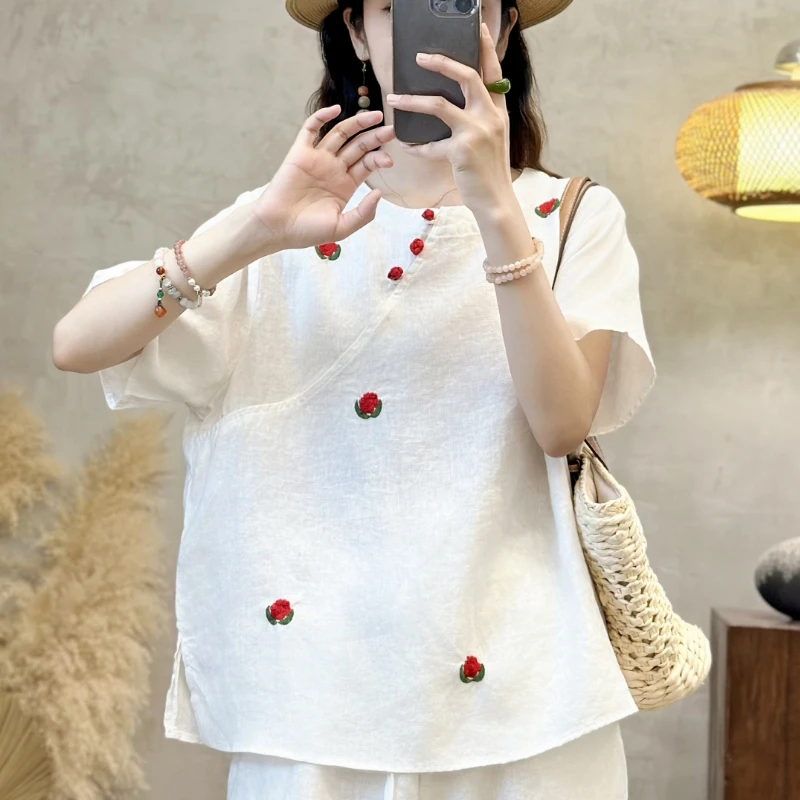 2025夏季新款复古文艺亚麻小衫短袖圆领宽松小清新上衣女07-4-01