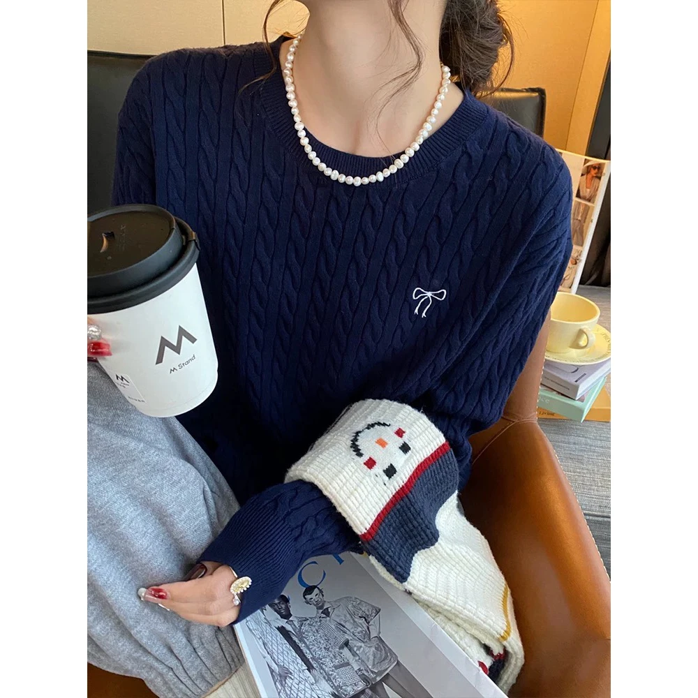 黄色圆领针织毛衣女秋冬内搭新款修身女上衣刺绣长袖打底衫ins