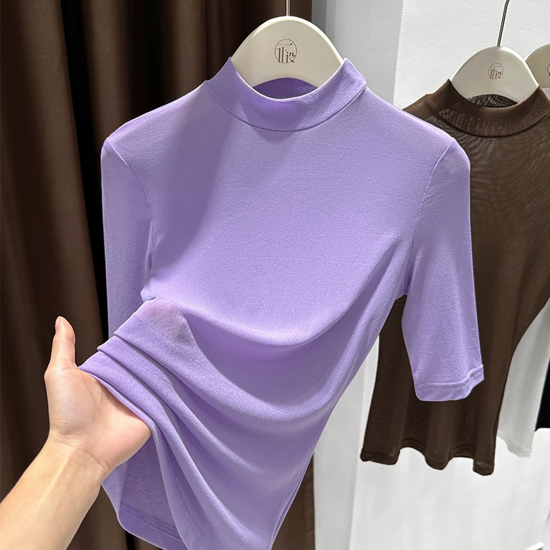 纯色气质半高领收腰显瘦中袖网纱T恤2025夏季新款百搭简约打底衫