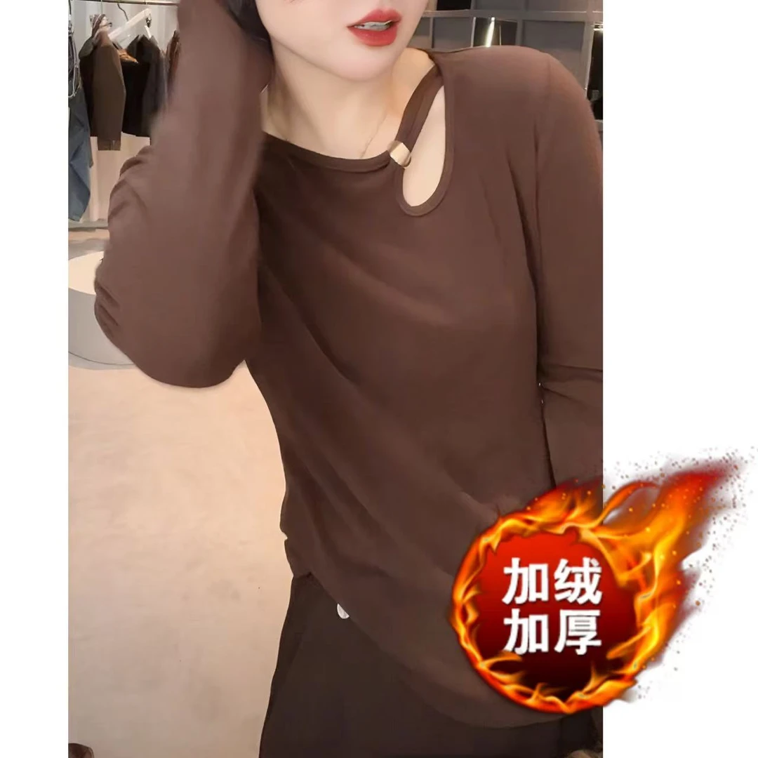 2025冬款新款圆领百搭长袖T恤女显瘦纯色洋气加绒打底衫时尚上衣
