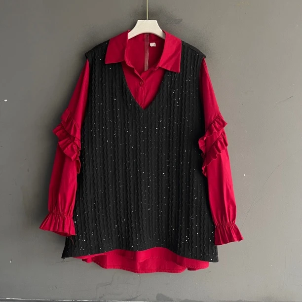 秋冬V领波浪马甲衬衫洋气减龄百搭遮肉显瘦款