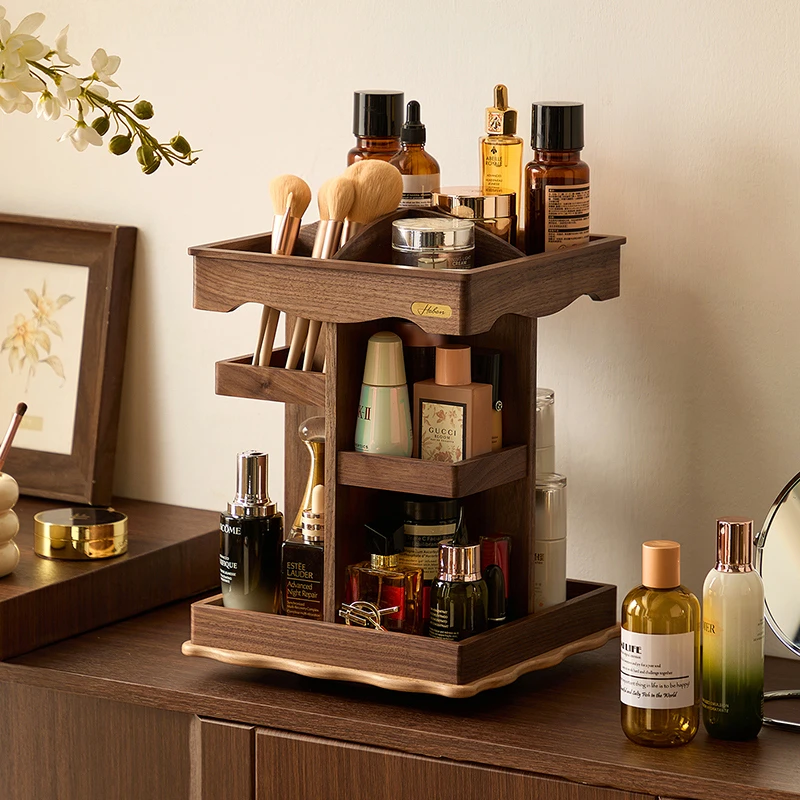 实木化妆品收纳盒桌面木质高级感旋转首饰护肤品香水口红置物架