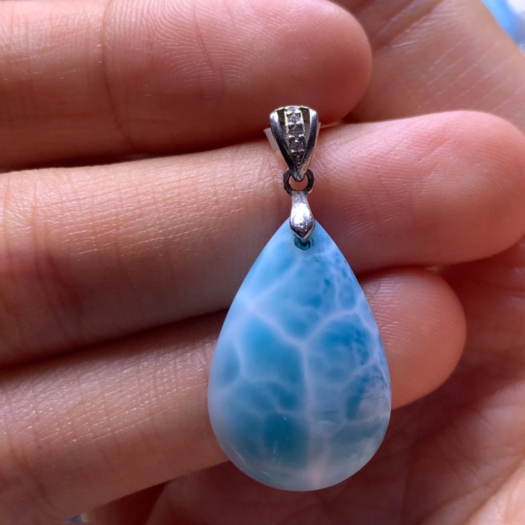 针钠钙石（海纹石）银S925镶嵌吊坠(不含链)水滴吊坠色差略异