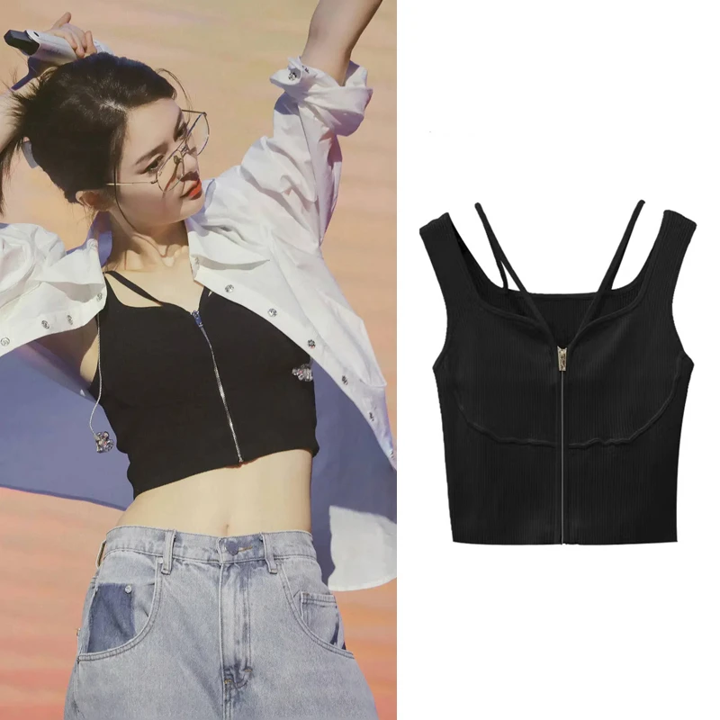 于文文同款黑色针织拉链吊带小背心时尚内搭短款辣妹爵士上衣