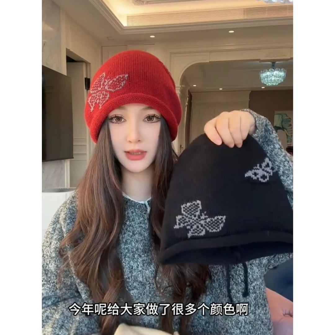 慵懒风蝴蝶堆堆帽帽子女秋冬季卷边显脸小针织帽休闲护耳包头冷帽