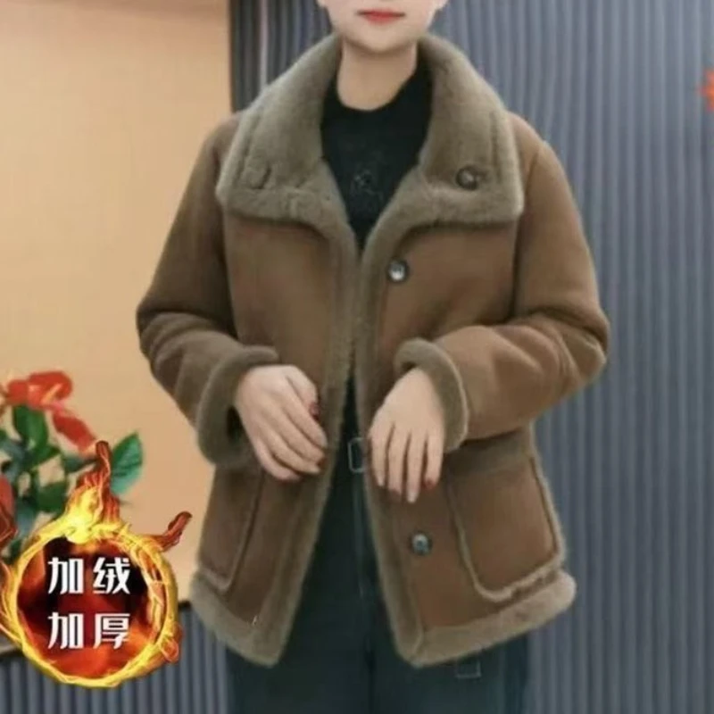 秋冬女款女士宽松加厚短休闲保暖外套皮毛冬季韩版百搭双面穿上衣