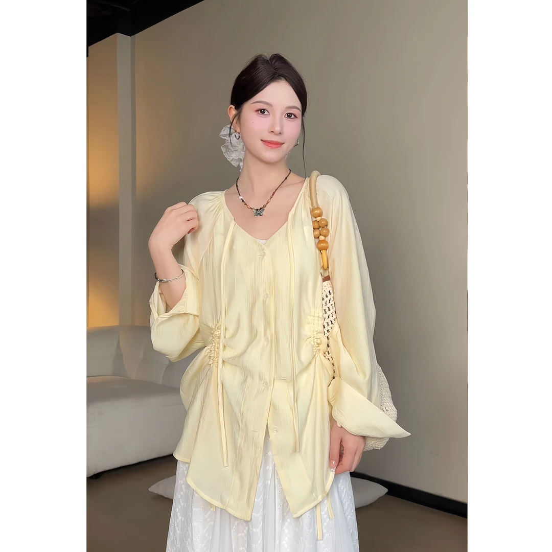 YAMM【郁金香】慵懒感韩版V领抽褶防晒长袖衬衫宽松显瘦系带衬衣