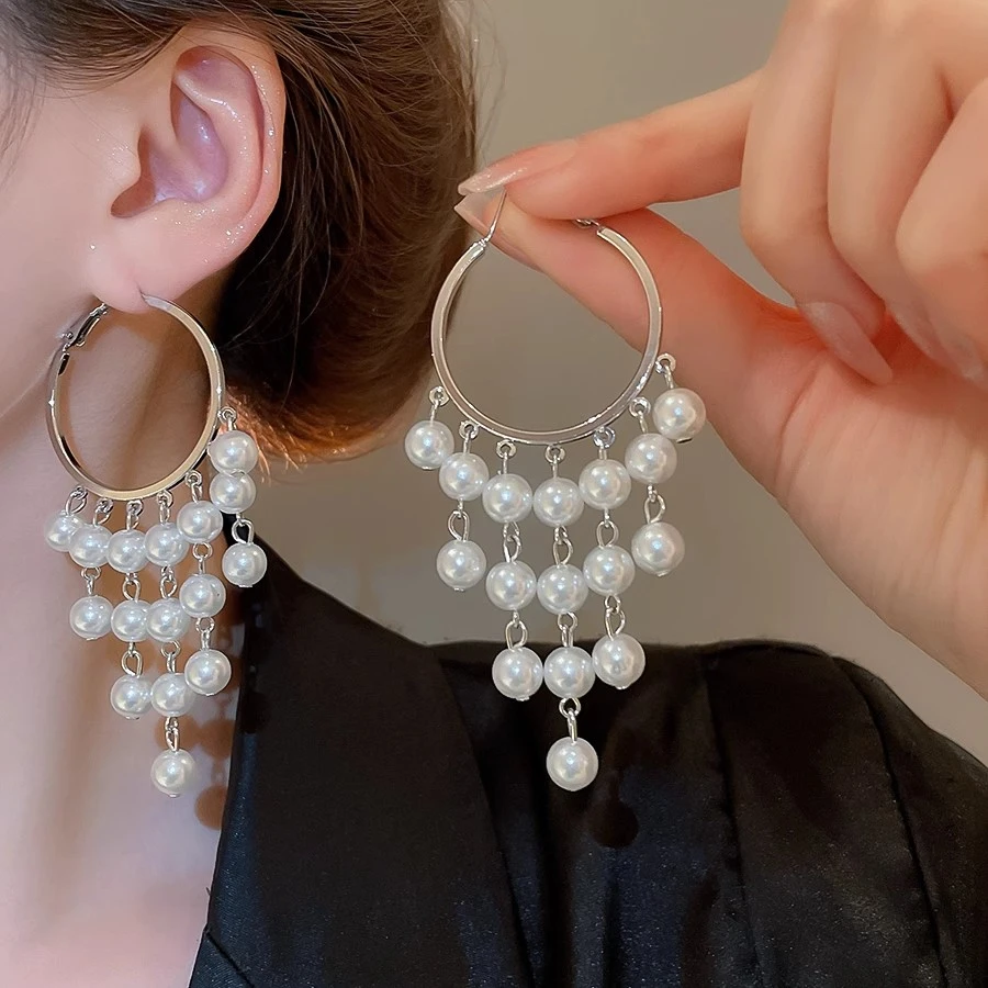合金仿珍珠耳饰 夸张珍珠流苏耳圈耳环小众独特气质大气耳坠配饰