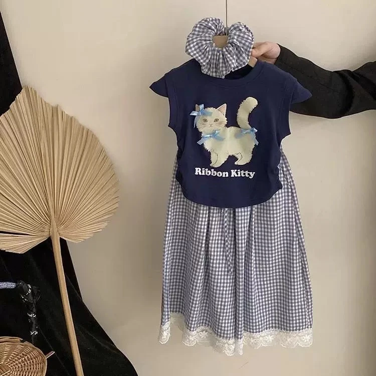 儿童女格子休闲阔腿裤子2025夏季新品女童宝宝印花短袖t恤两件套