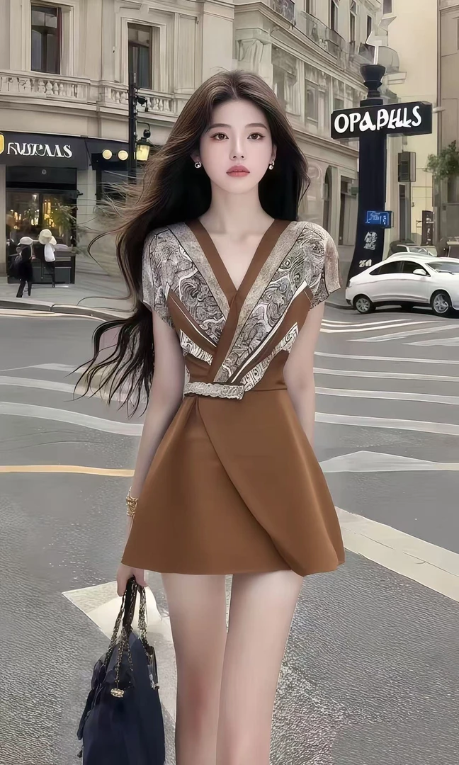 温柔知性风时尚高端大气棕色V领收腰设计感连衣裙女显瘦百搭女装