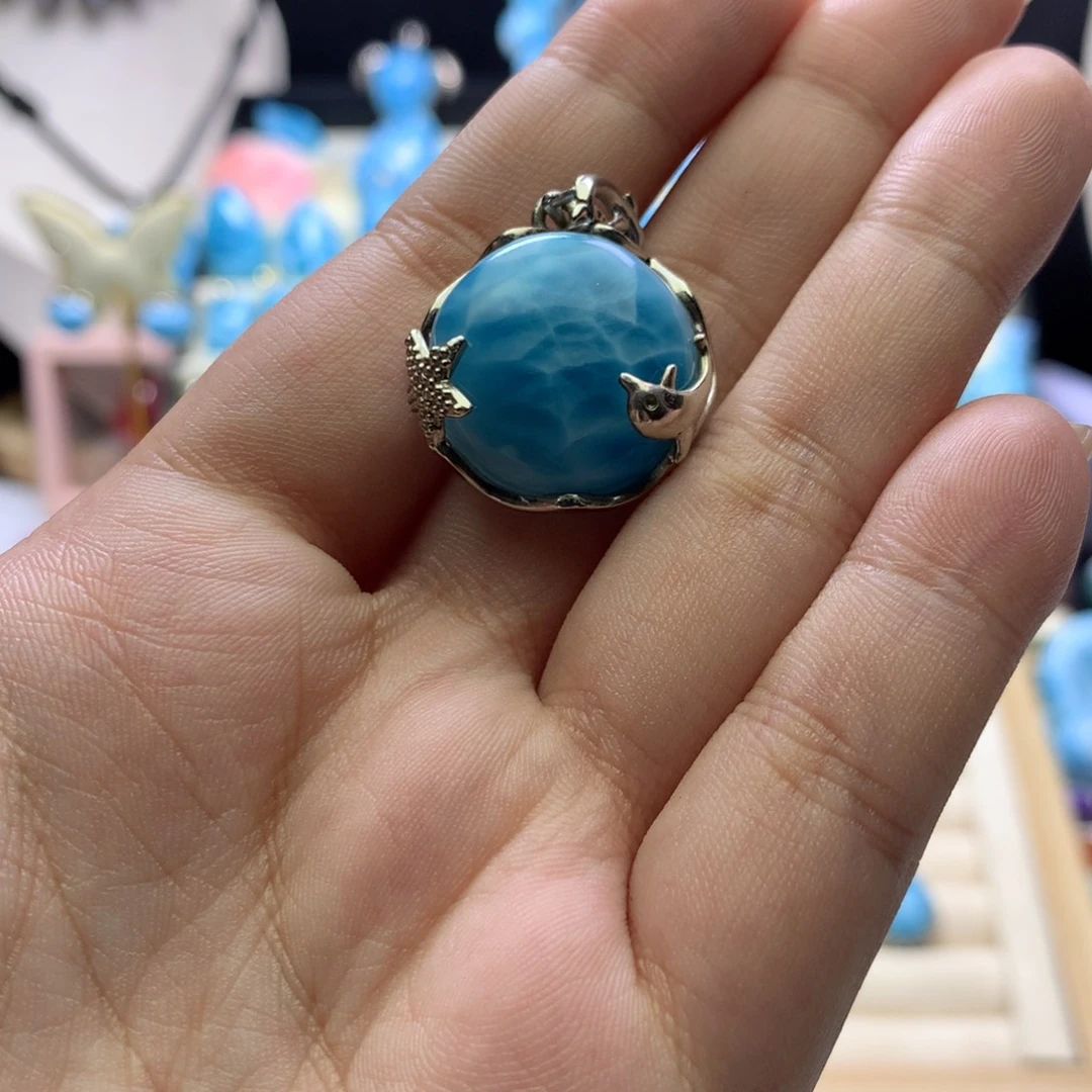 针钠钙石（海纹石）银S925镶嵌颈饰