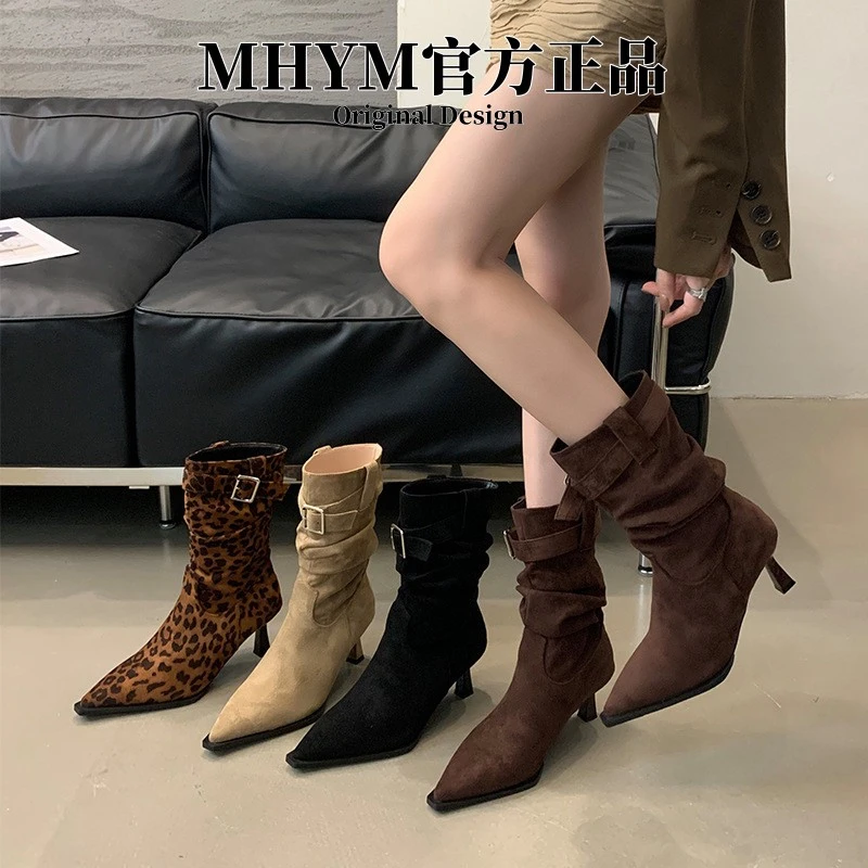 时装靴女2025秋冬新款气质瘦瘦靴豹纹尖头细跟绒面高跟短靴子