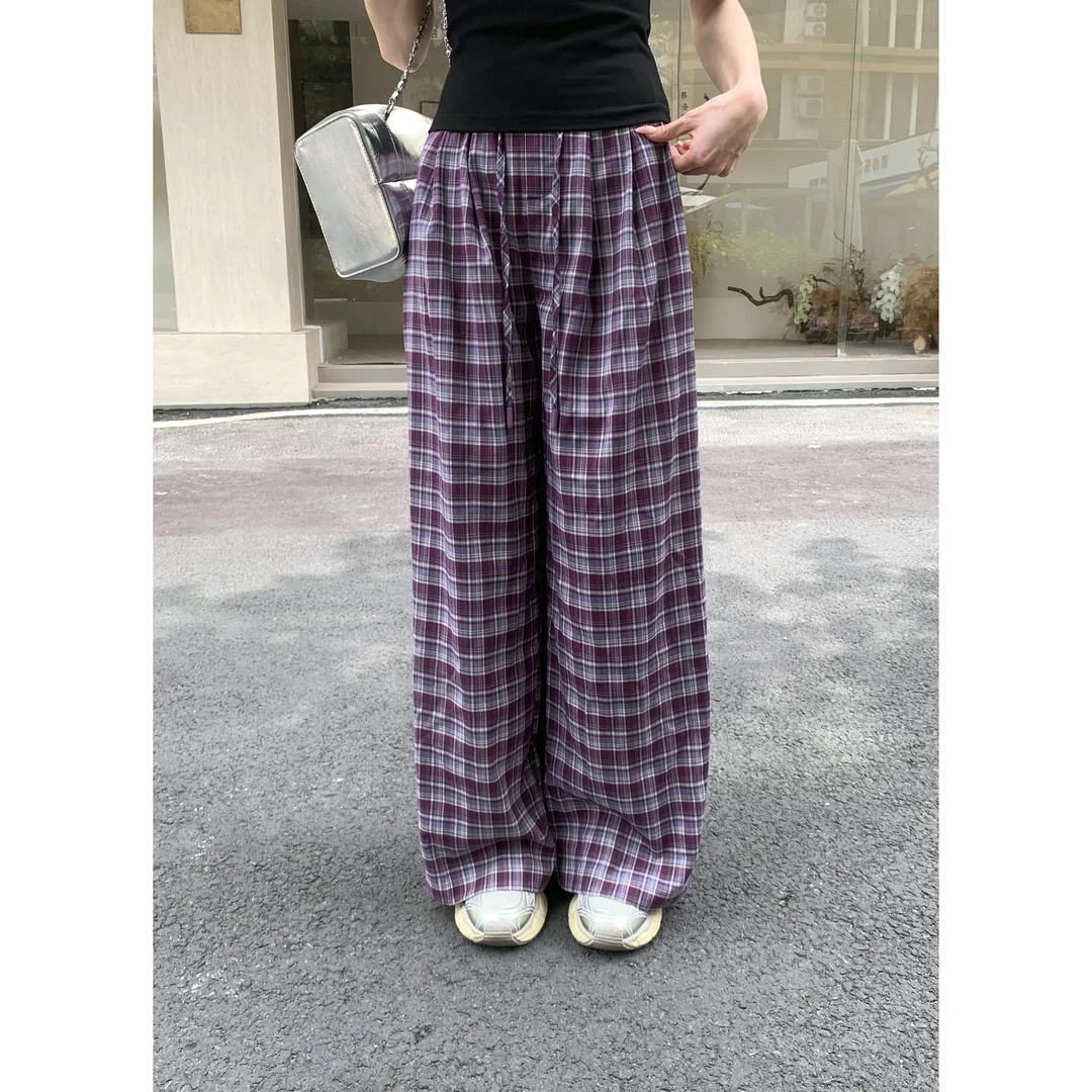 【小七家】夏季休闲紫格纹高腰垂感显高显瘦百搭阔腿裤DM9055