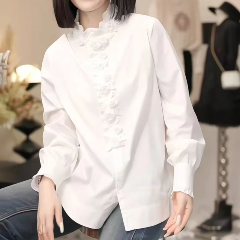 2025夏季设计感小众玫瑰花苞暗扣百搭衬衫纯色宽松花边时尚气质