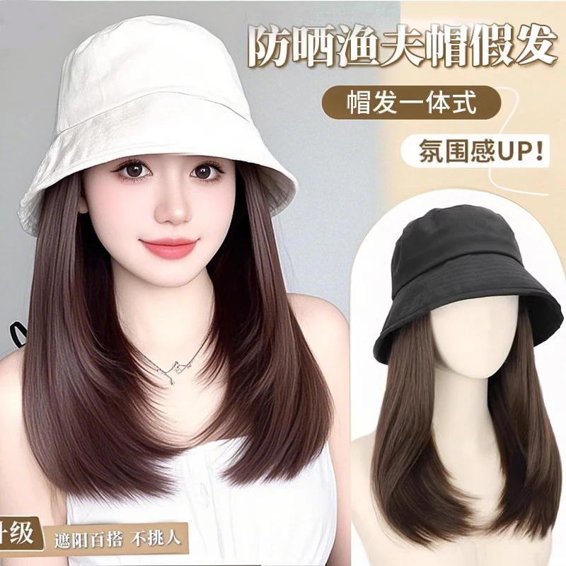 假发帽子一体女夏天时尚新款遮阳防晒渔夫帽假发层次短发全头套式