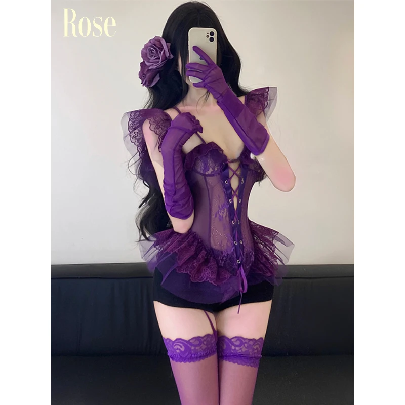 Rose*魅惑撩人*大码*性感蕾丝睡衣紫色纯欲风吊带睡裙连体衣女