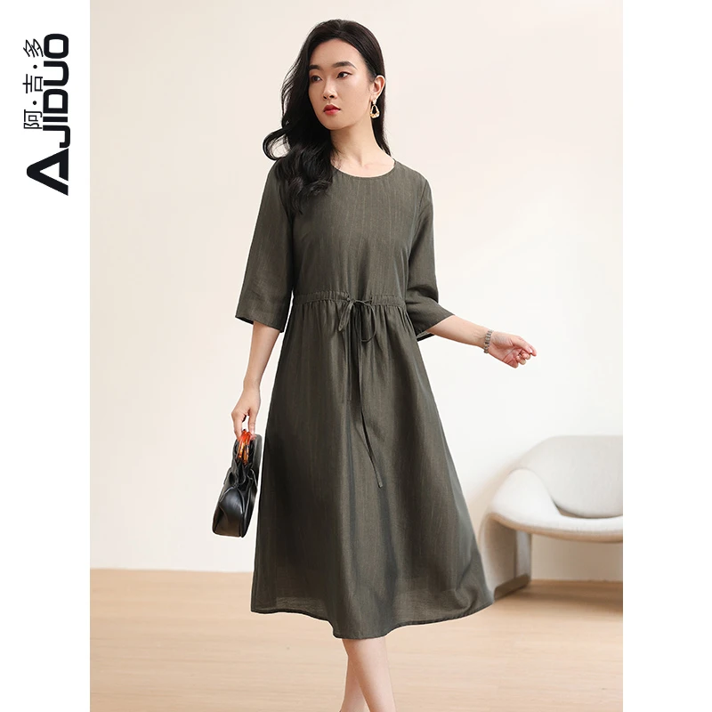 A20817 阿吉多圆领抽绳收腰连衣裙女夏新款垂感A字裙气质通勤裙