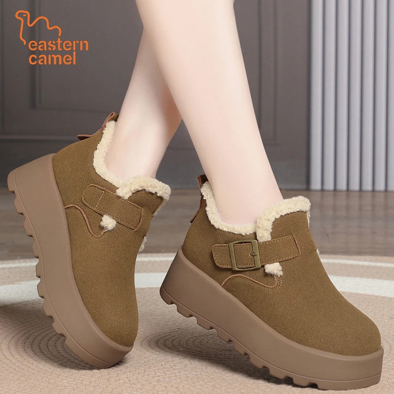 东方骆驼厚底加绒勃肯鞋新款冬季防滑增高毛绒保暖雪地靴女士棉鞋