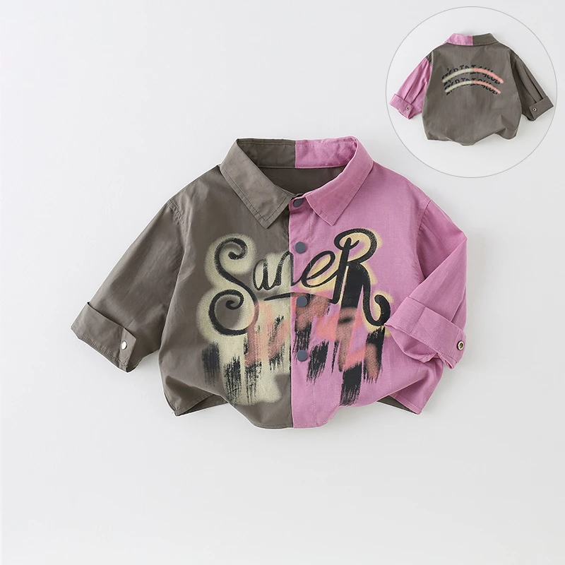 【七七优选】儿童衬衫外套新款秋季男童长袖上衣撞色字母时尚AW652