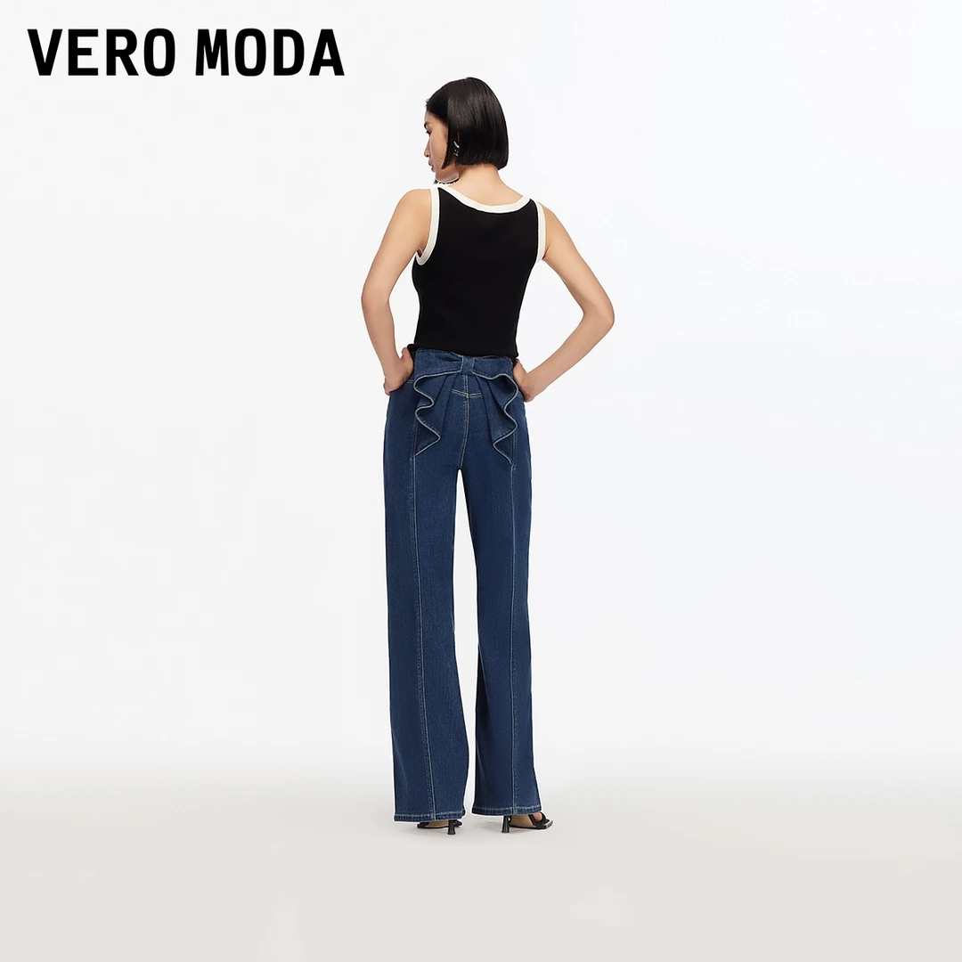 【陈大可专属】Vero Moda牛仔裤含棉后身蝴蝶结高腰直筒裤325332005