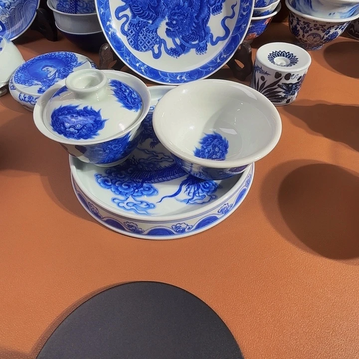 佛***哥青花手工手绘狮子3件套装