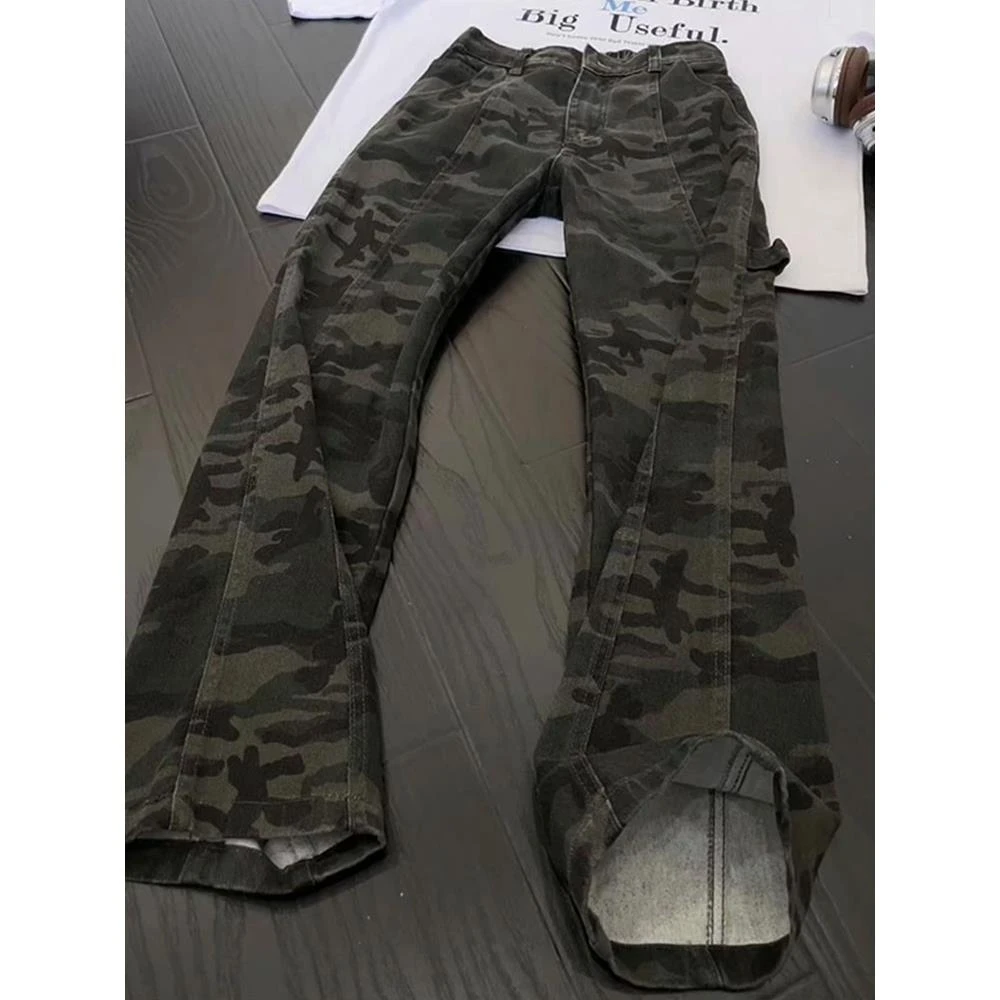 cleanfit迷彩弯刀牛仔裤男款潮牌伐木工装裤子美式高街直筒微喇裤