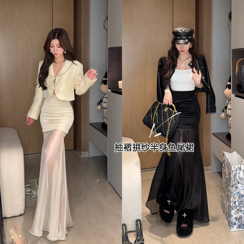 小雨姐姐【柔影鱼尾裙】网纱拼接高腰包臀长款半身裙女2024新款