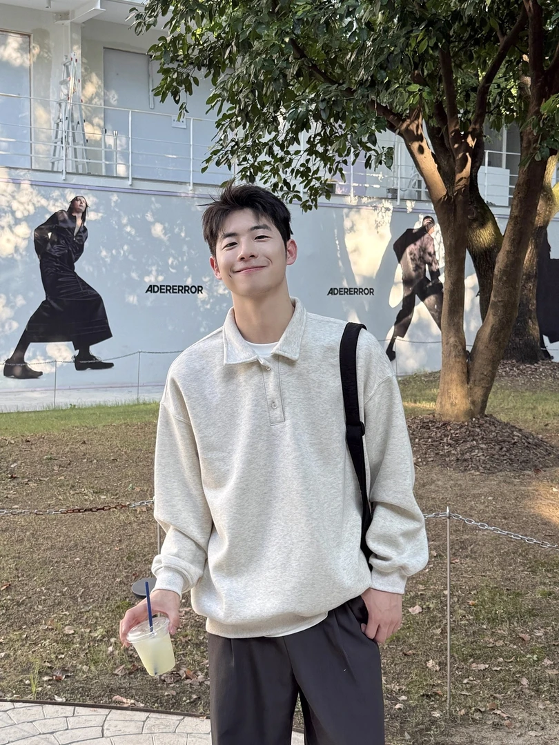 380g白花灰翻领卫衣男生秋季新款宽松百搭POLO衫套头简约长袖上衣