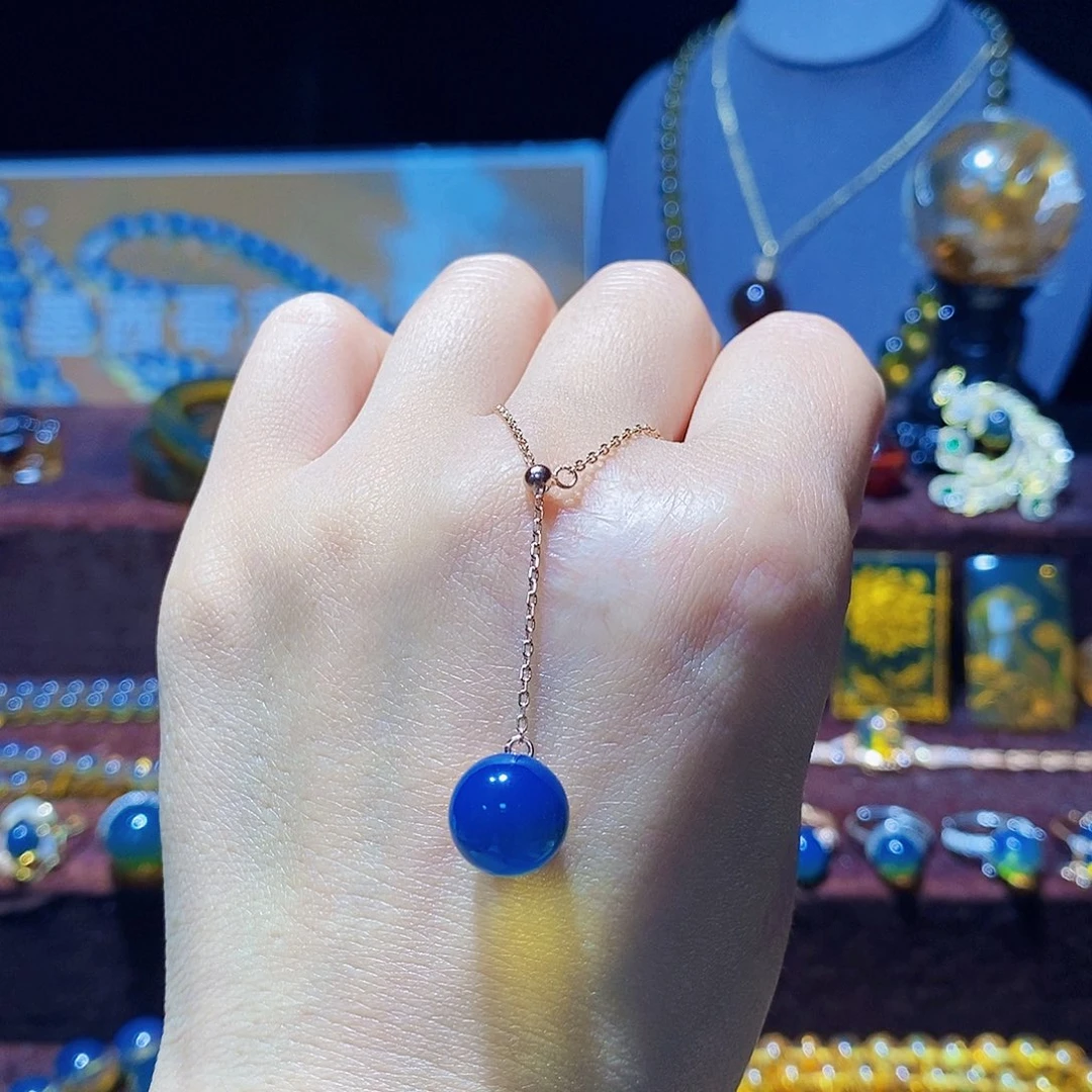 蓝珀银S925镀金镶嵌颈饰11m高蓝净水吊坠