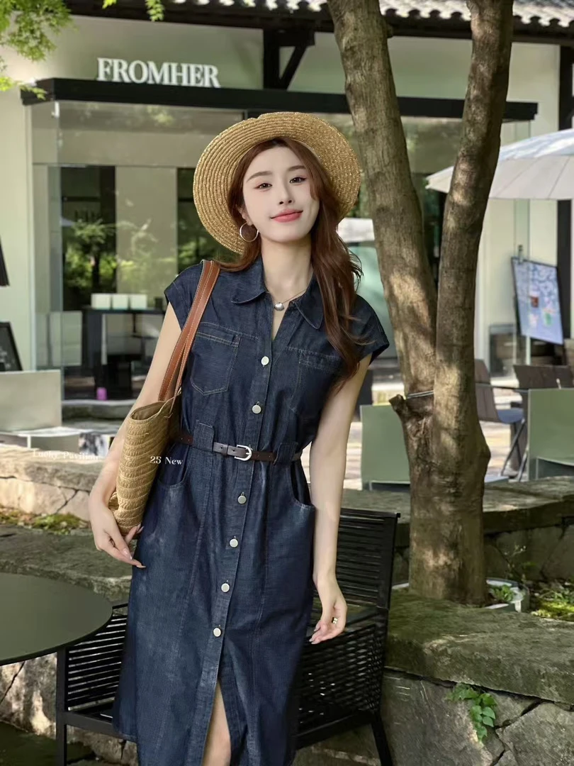 V领夏季A字裙不褪色POLO领连衣裙牛仔裙气质时尚宽松