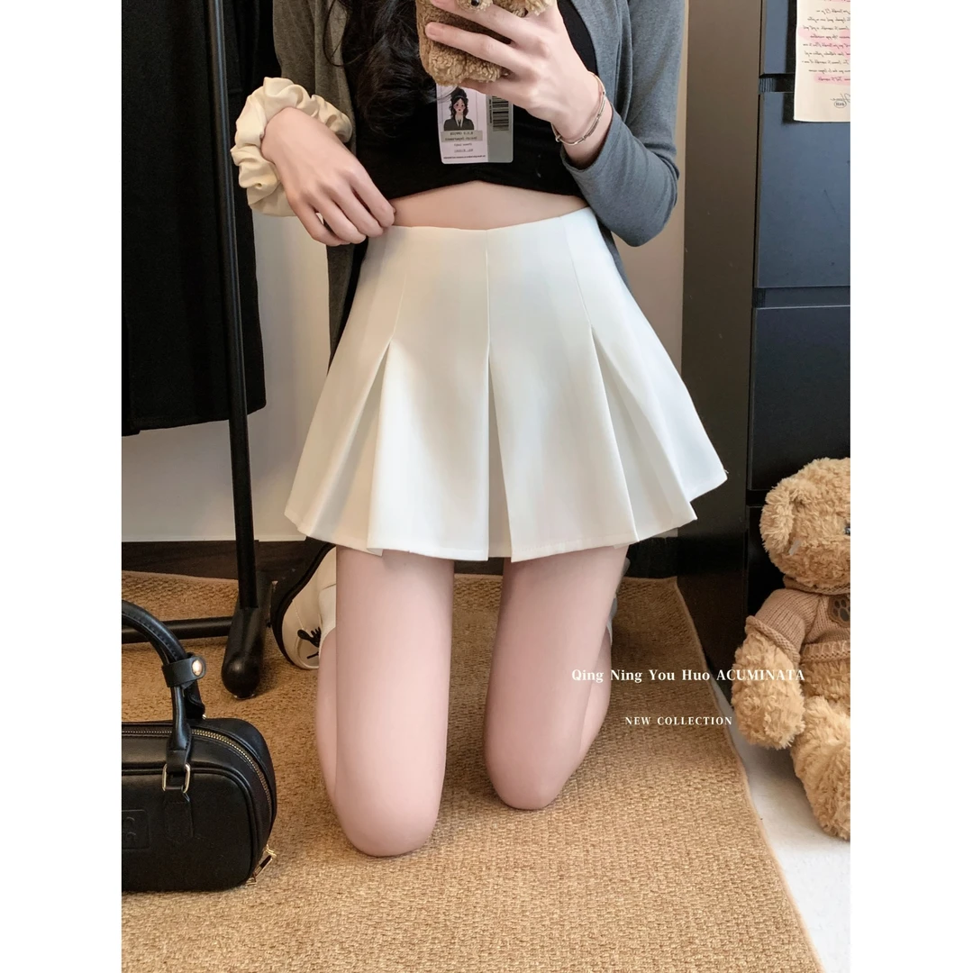 简约白色百褶裙半身裙女春季高腰显瘦防走光短裙时尚百搭A字裙子