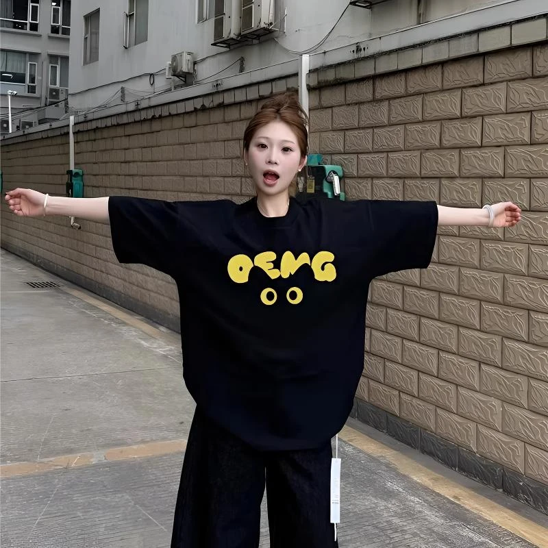 纯棉黑色短袖女款爆款2025夏季新款设计感小众独特宽松正肩t恤女