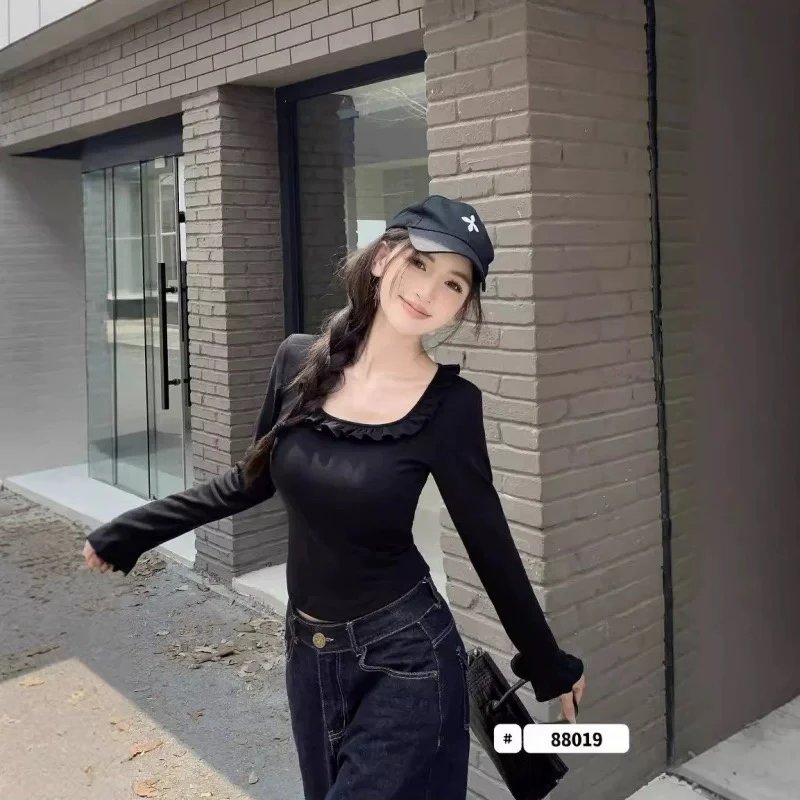 荷叶边磨毛带胸垫打底衫A630