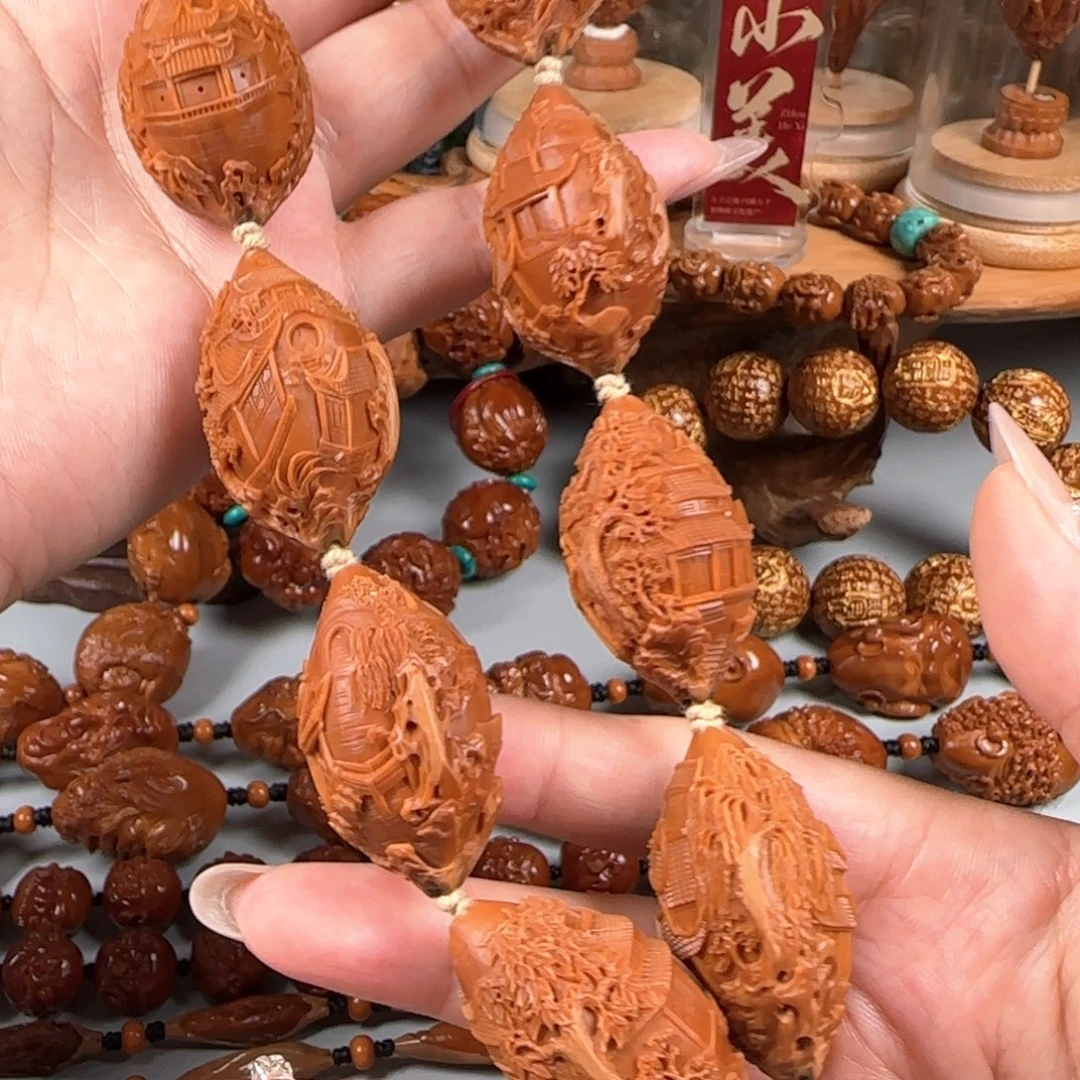 橄榄核手串/手链宽2.5鸡血红水晶核苏州园林手持长串