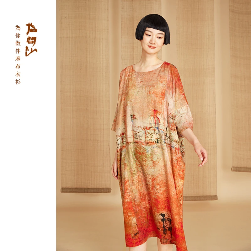 指间沙2525115女装25夏中式圆领七分落肩袖廓形印花麻粘连衣裙