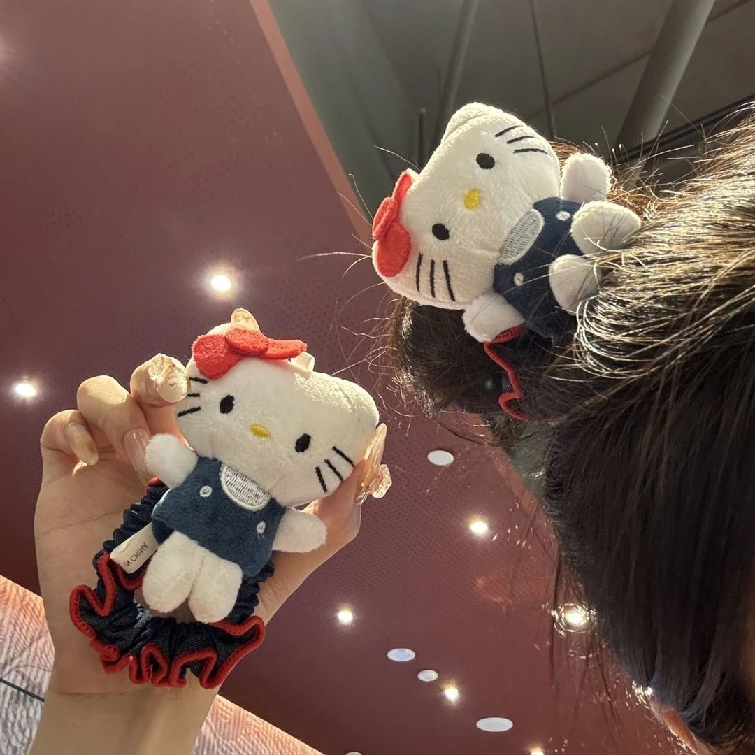 可爱KT猫玩偶发圈牛仔布艺高颜值大肠圈超仙韩系卡通丸子头发饰