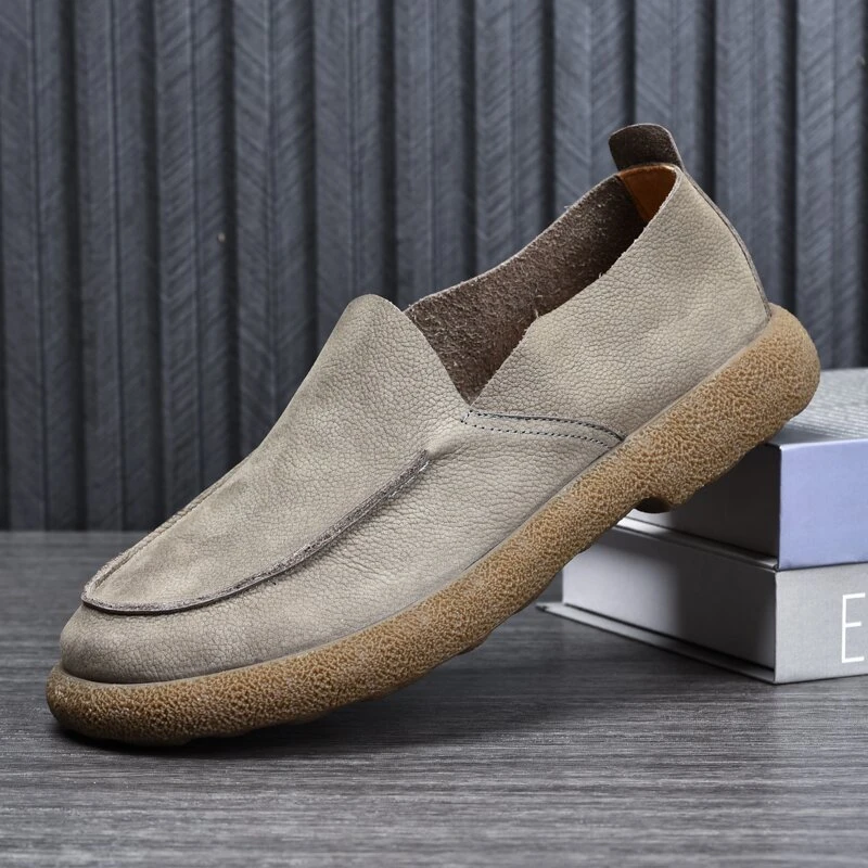 夏季单层头层牛皮一脚蹬休闲皮鞋男真皮透气单鞋软底牛筋底乐福鞋