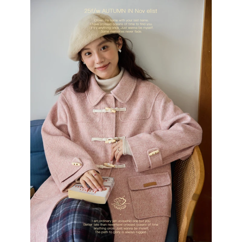 Nov elist什一 法式温柔翻领牛角扣长款毛呢大衣外套