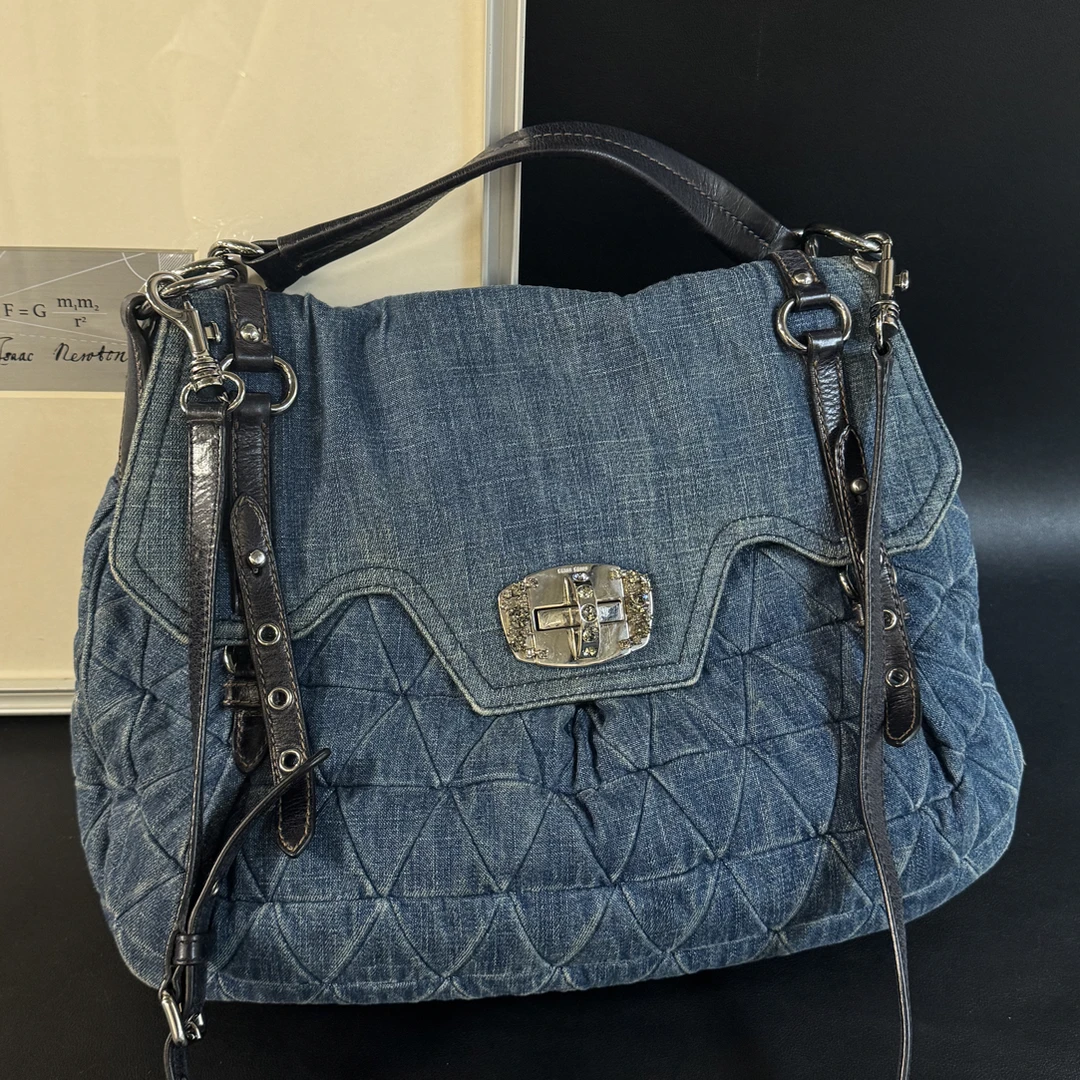 95新 MIU MIU/缪缪 莫尤塔/牛仔丹宁原始邮差包斜挎包
