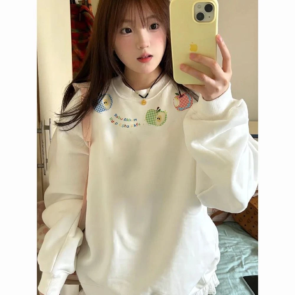 无帽卫衣女秋冬新款韩系宽松百搭圆领设计感别致漂亮简约白色上衣