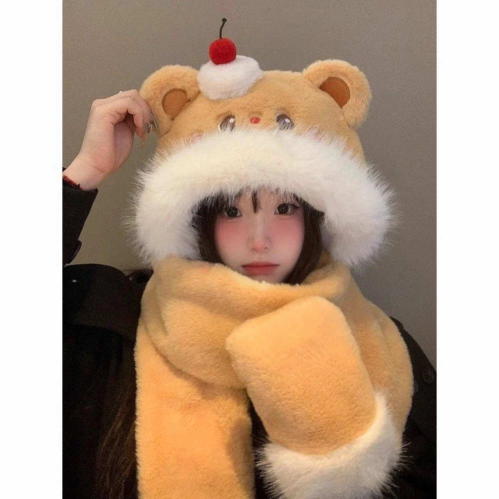 【精品】可爱蛋糕小熊毛绒2024冬季帽子围巾一体显脸防寒保暖护耳
