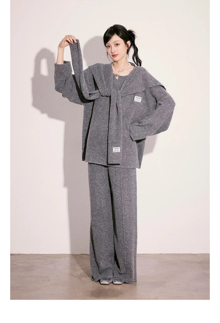 CreamKittne 海沫云岛深灰色针织慵懒披肩毛衣长裤女春秋韩系套装