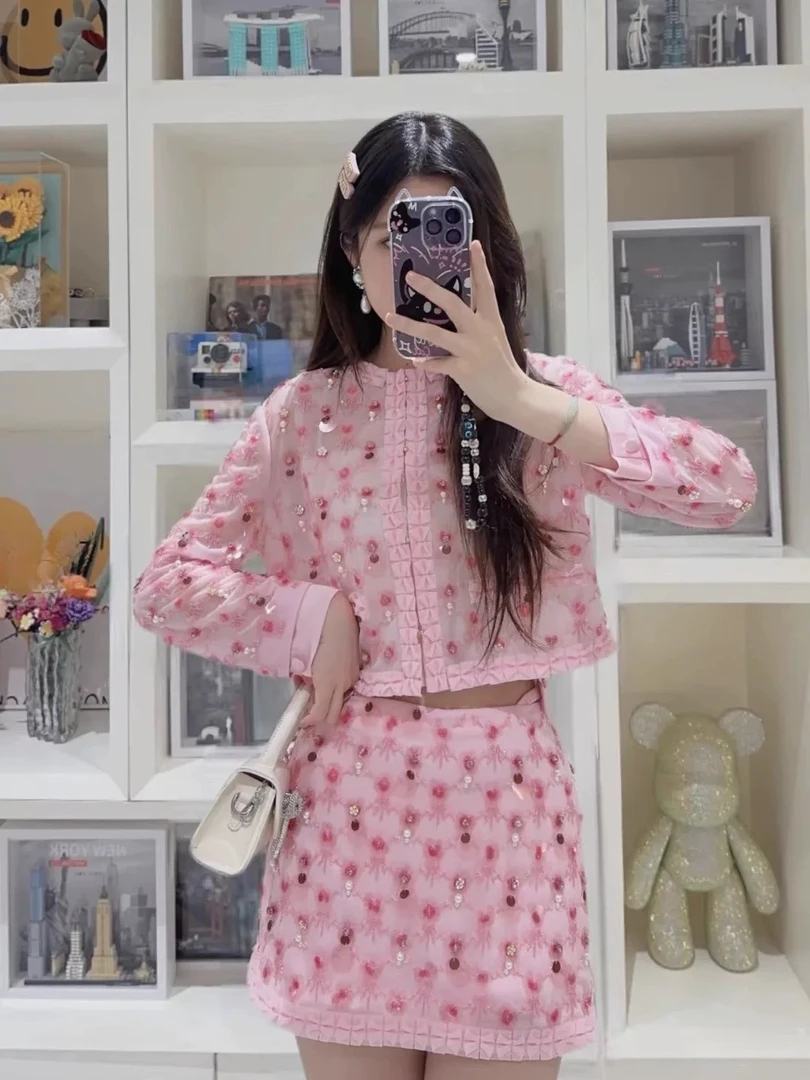 花颜颜粉色珠片绣重工钉珠长袖衬衫贵妇套装裙装夏