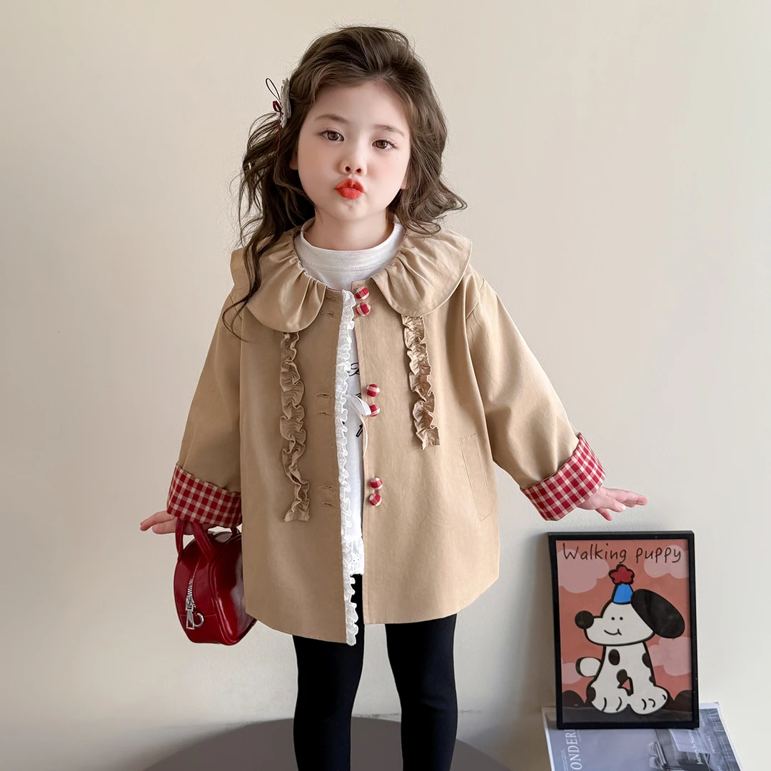 女童翻领风衣外套2025新款儿童时尚韩版中长款外套小女孩秋装上衣