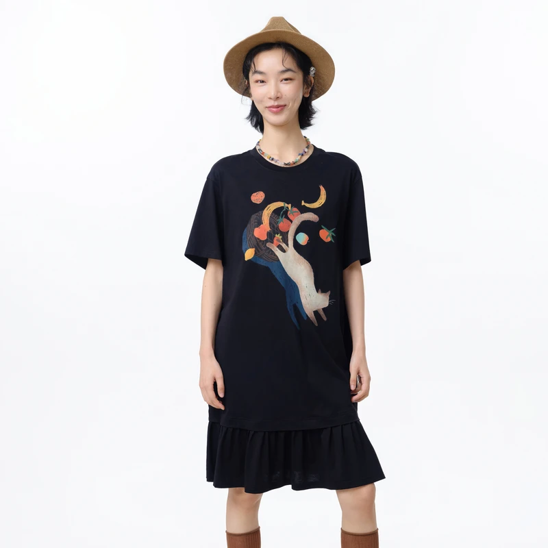 MOVEUP幻走2025夏季新款.FUN 印花碎褶裙摆针织连衣裙325211344