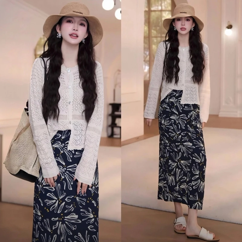 夏季镂空波西米亚防晒针织开衫+显瘦开叉大花松紧腰半身裙套装女