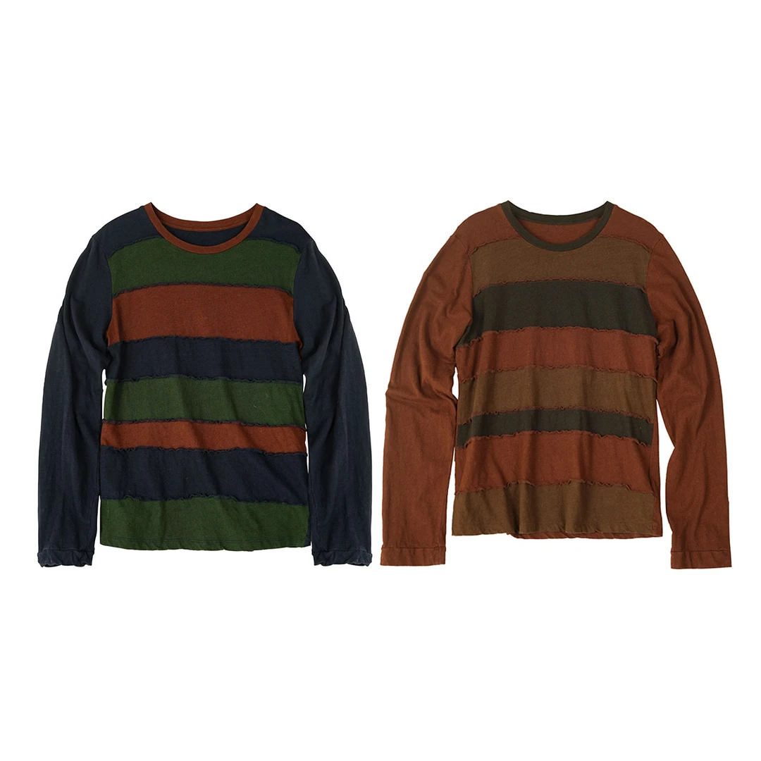 云雾里 原创设计复古文艺松弛感随性棉麻混纺圆机针织拼接T 5002